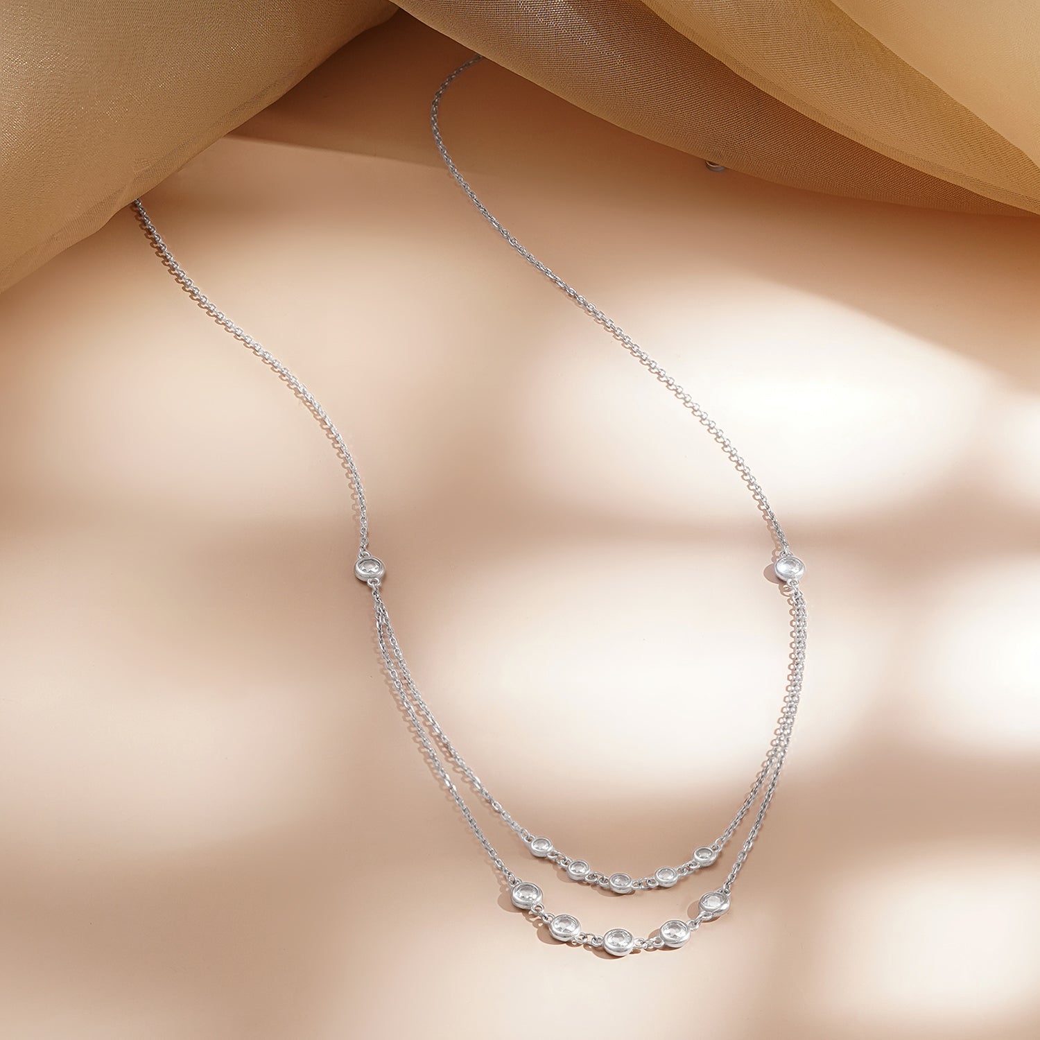 925 Fine Silver Crystal Layered Chain Necklace