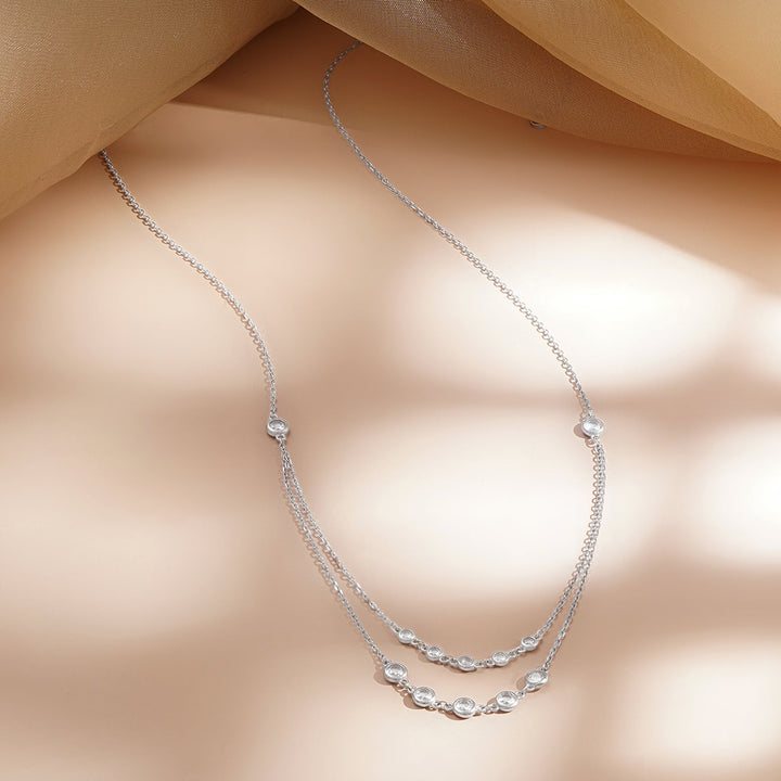 925 Fine Silver Crystal Layered Chain Necklace