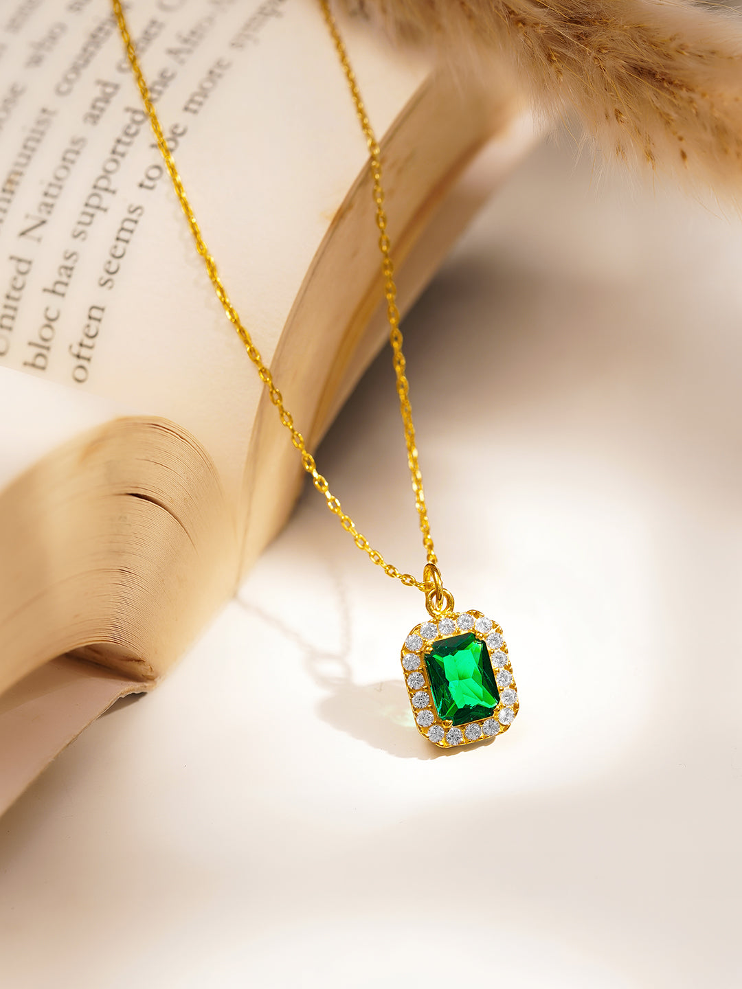925 Fine Silver Emerald Halo Diamond Pendant Necklace