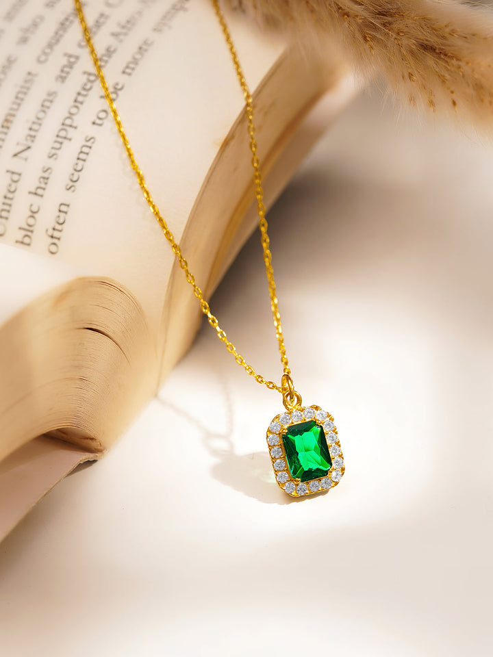 925 Fine Silver Emerald Halo Diamond Pendant Necklace