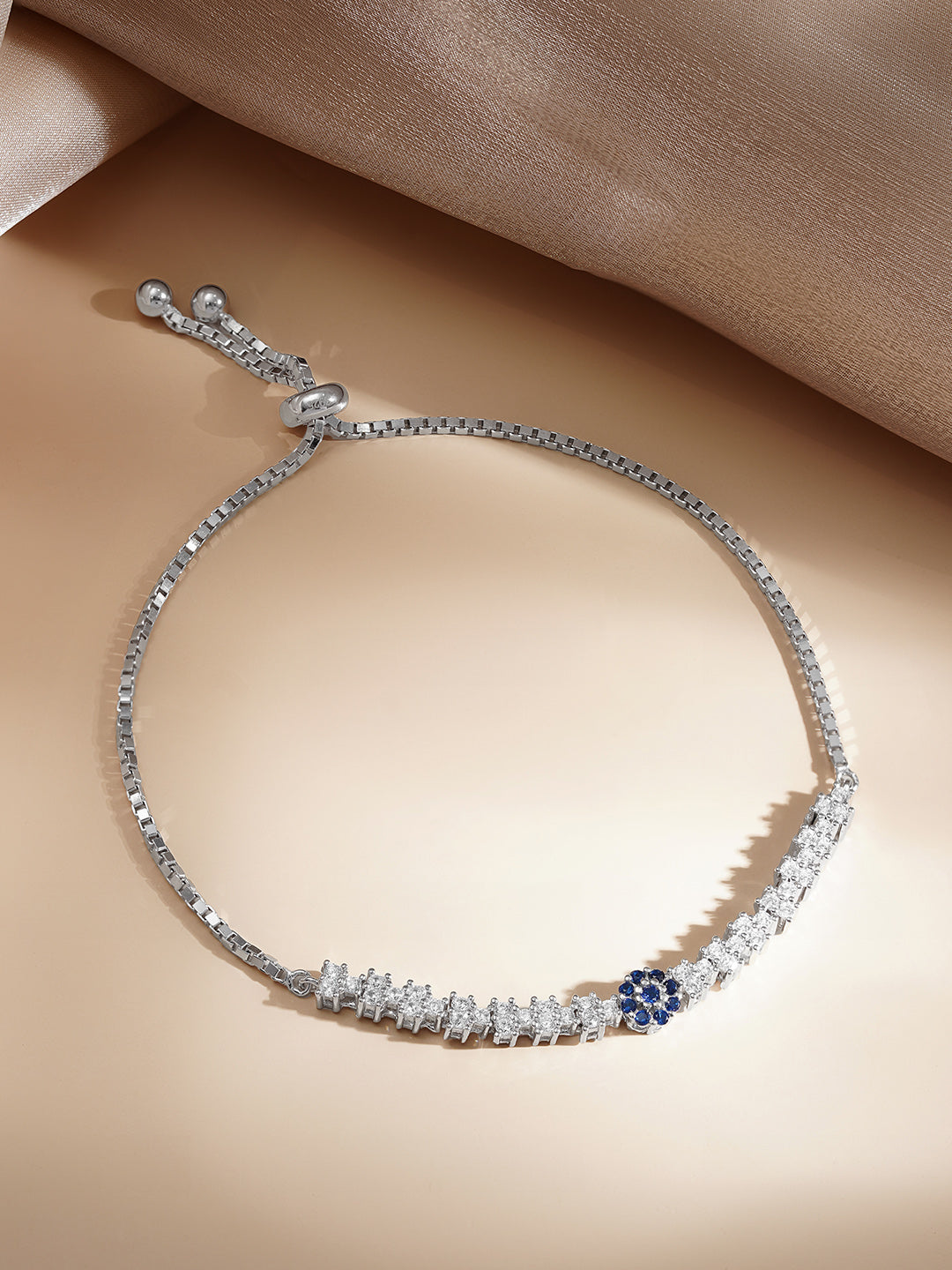 925 Fine Silver Blue Crystal Adjustable Bracelet
