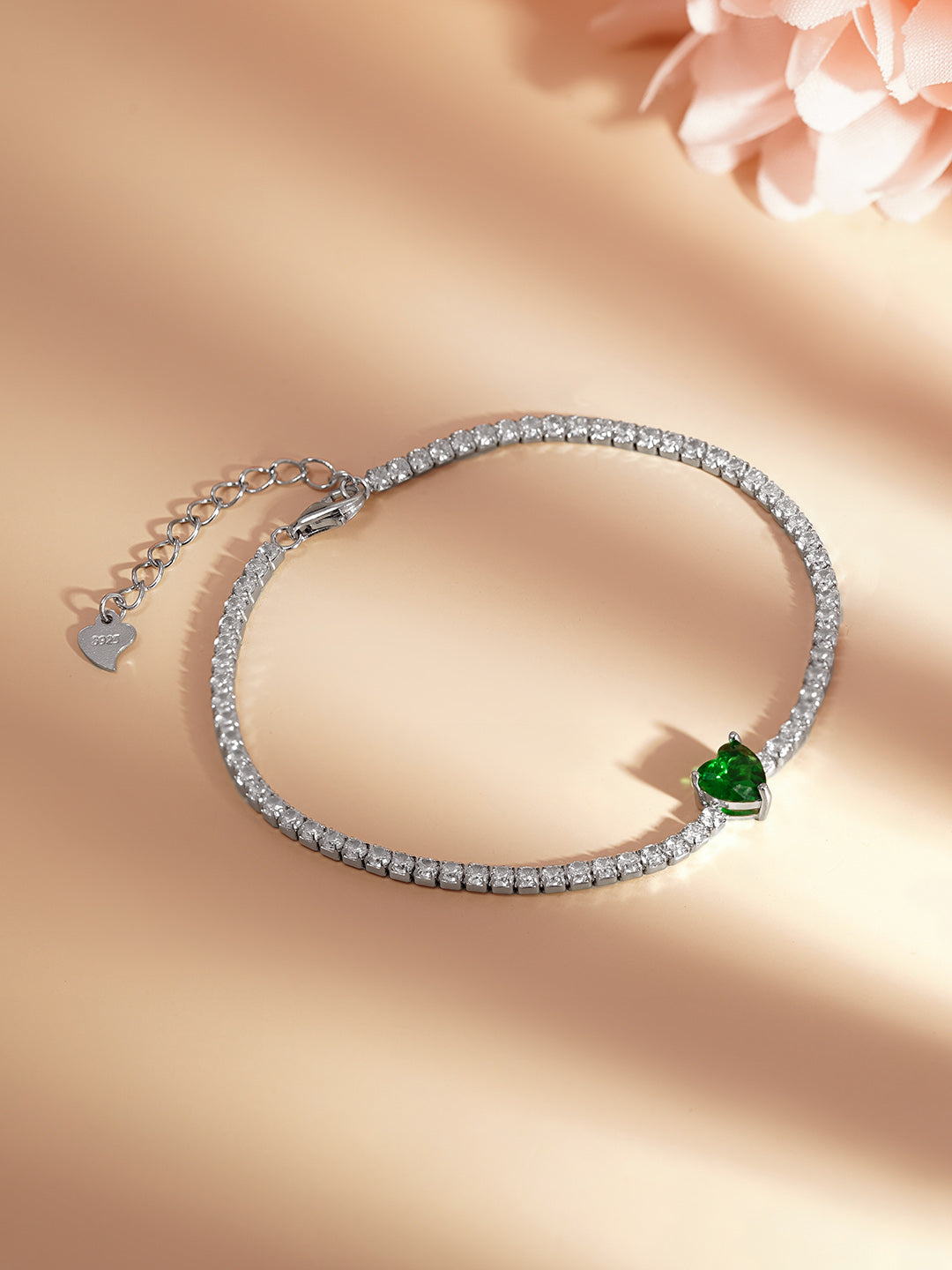 925 Fine Silver Emerald Heart Tennis Bracelet