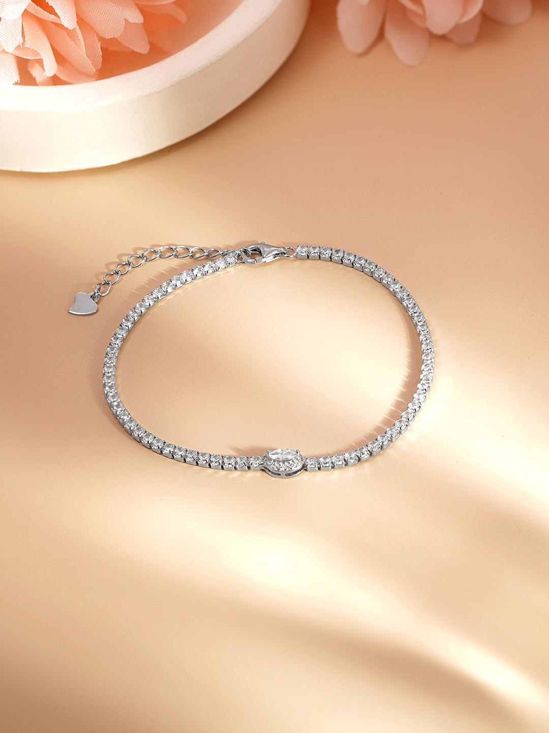 925 Fine Silver Crystal Charm Tennis Bracelet