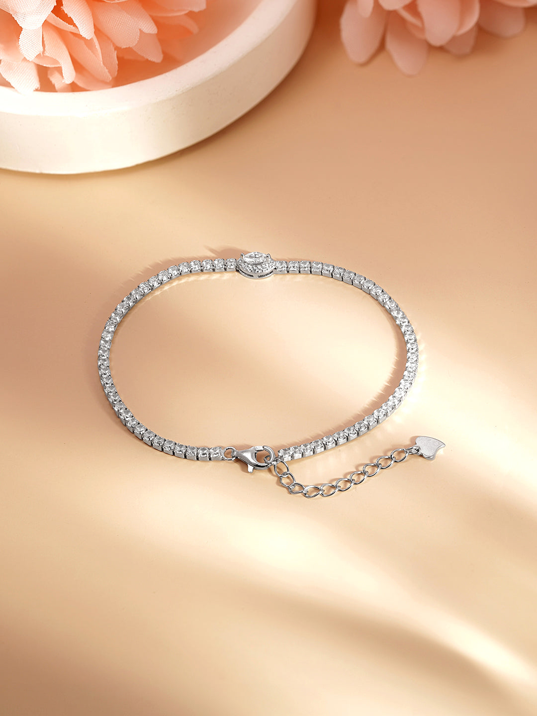 925 Fine Silver Crystal Charm Tennis Bracelet
