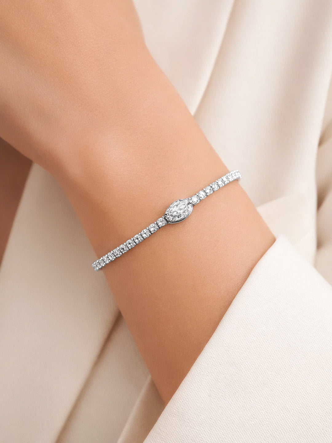 925 Fine Silver Crystal Charm Tennis Bracelet