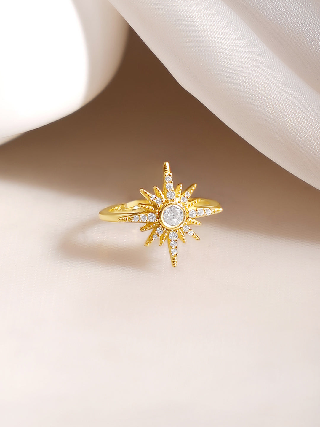 925 Fine Silver Gold Plated Crystal Sunburst Statement Ring