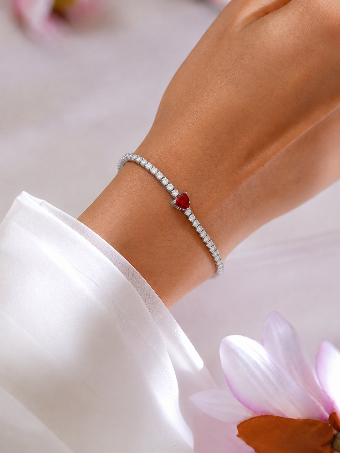 925 Fine Silver Rhodium Plated American Diamon Zirconia Bracelet With Ruby Heart Center & Charm