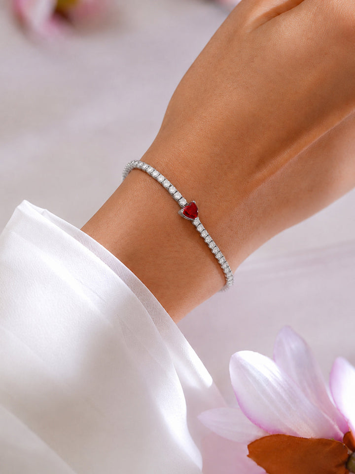 925 Fine Silver Rhodium Plated American Diamon Zirconia Bracelet With Ruby Heart Center & Charm