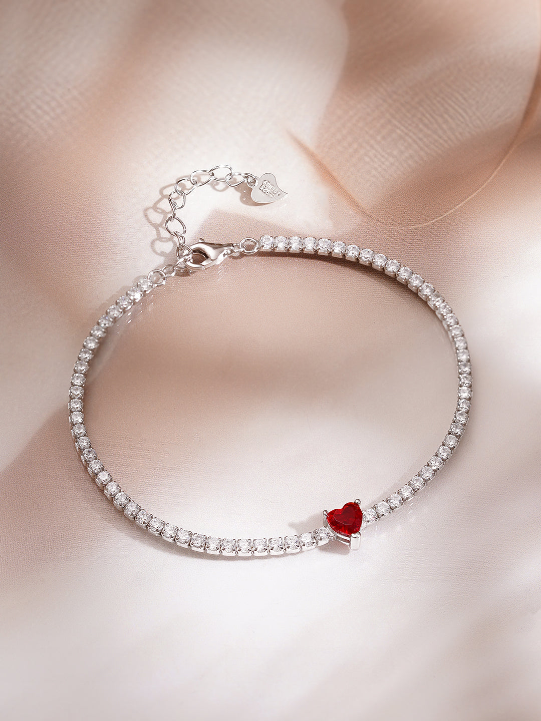 925 Fine Silver Rhodium Plated American Diamon Zirconia Bracelet With Ruby Heart Center & Charm