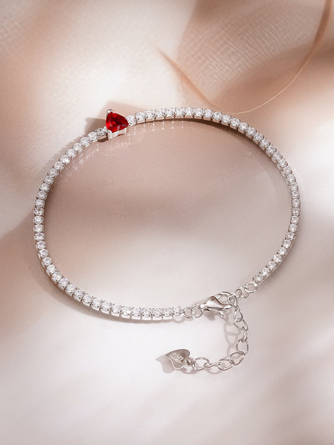 925 Fine Silver Rhodium Plated American Diamon Zirconia Bracelet With Ruby Heart Center & Charm