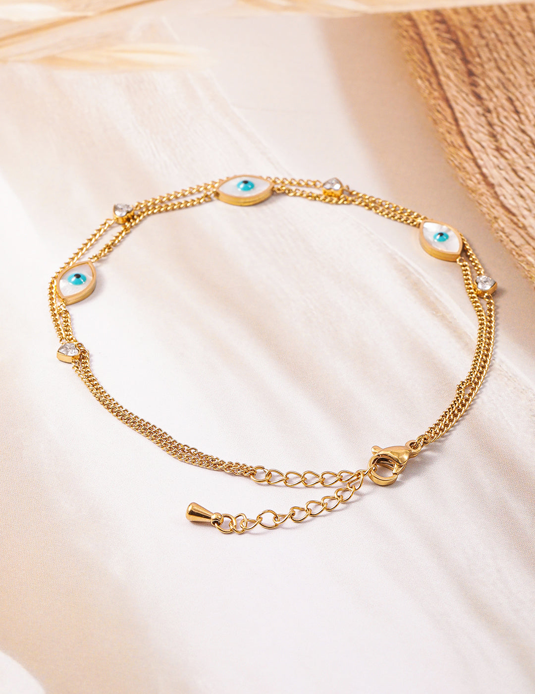 18K Gold Plated Stainless Steel Tarnish-Free Waterproof Evil Eye & Heart Charm Anklet