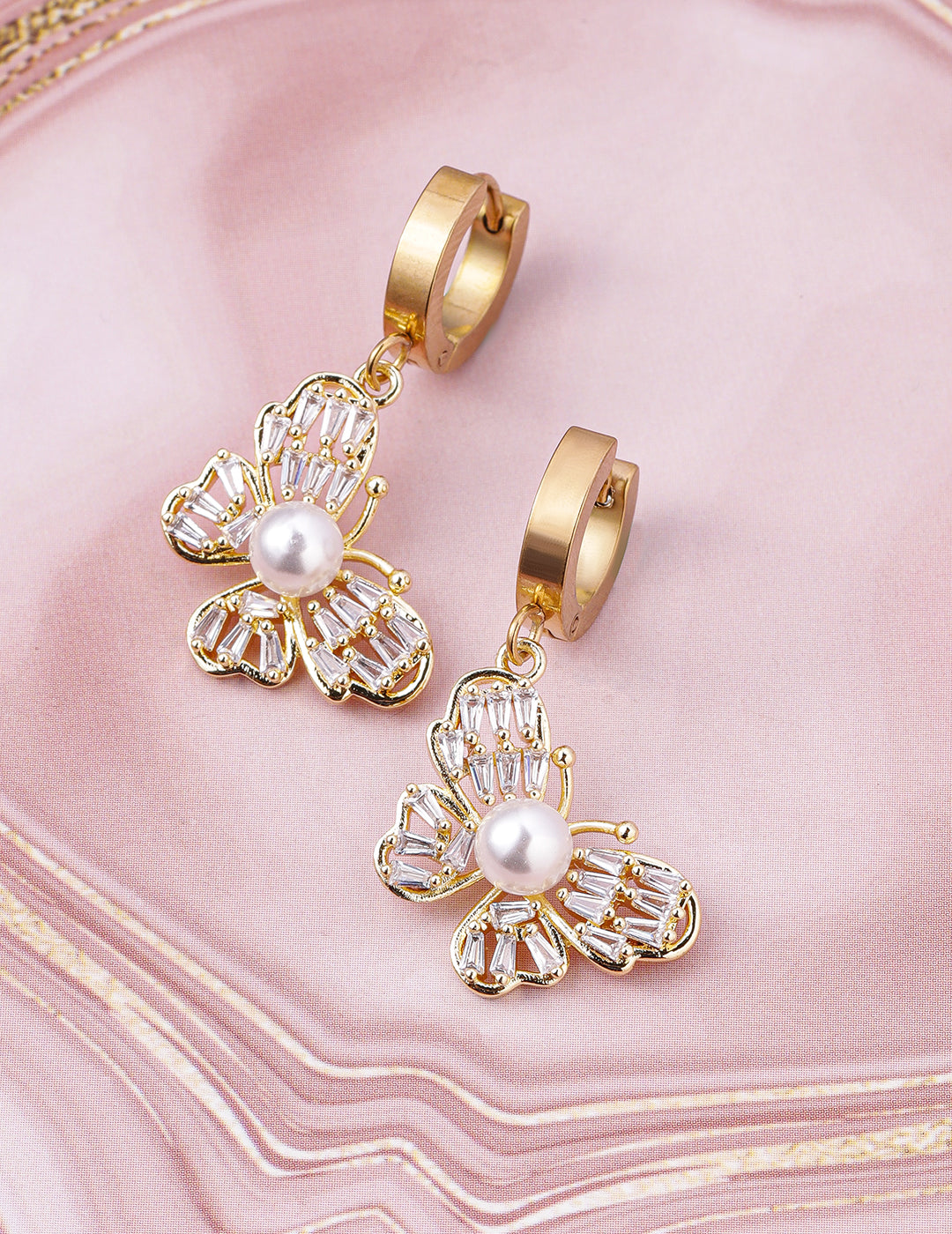 Gold Butterfly Motif Crystal Pearl Drop Earrings