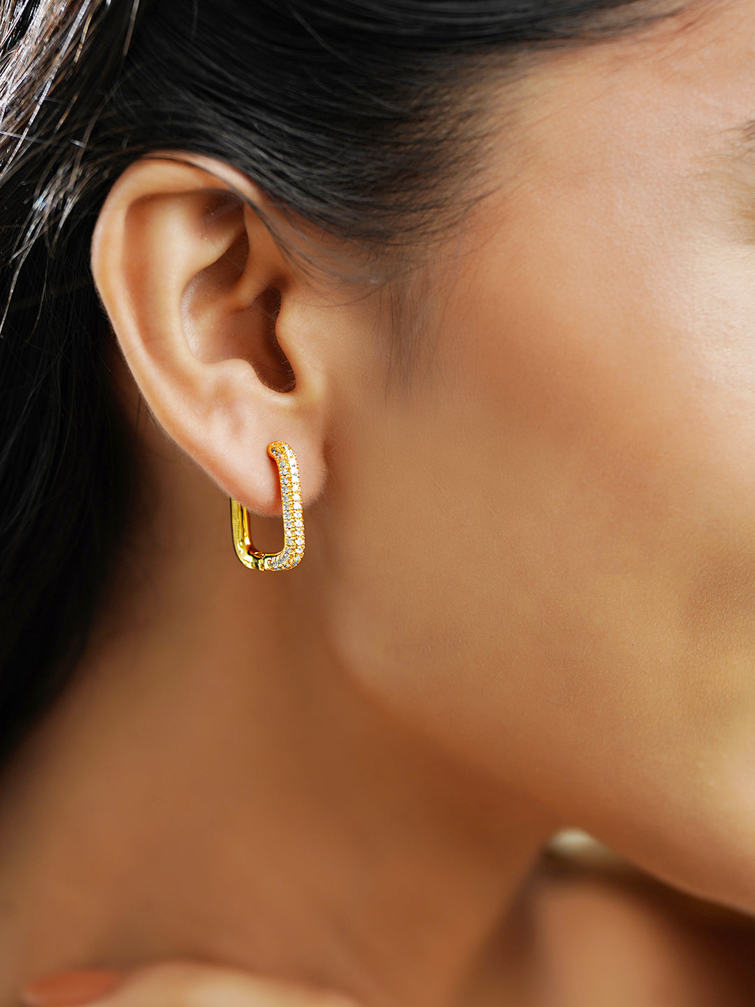 Rubans Voguish 18K Gold-Plated Crystal AD Rectangular Minimal Hoop Earrings