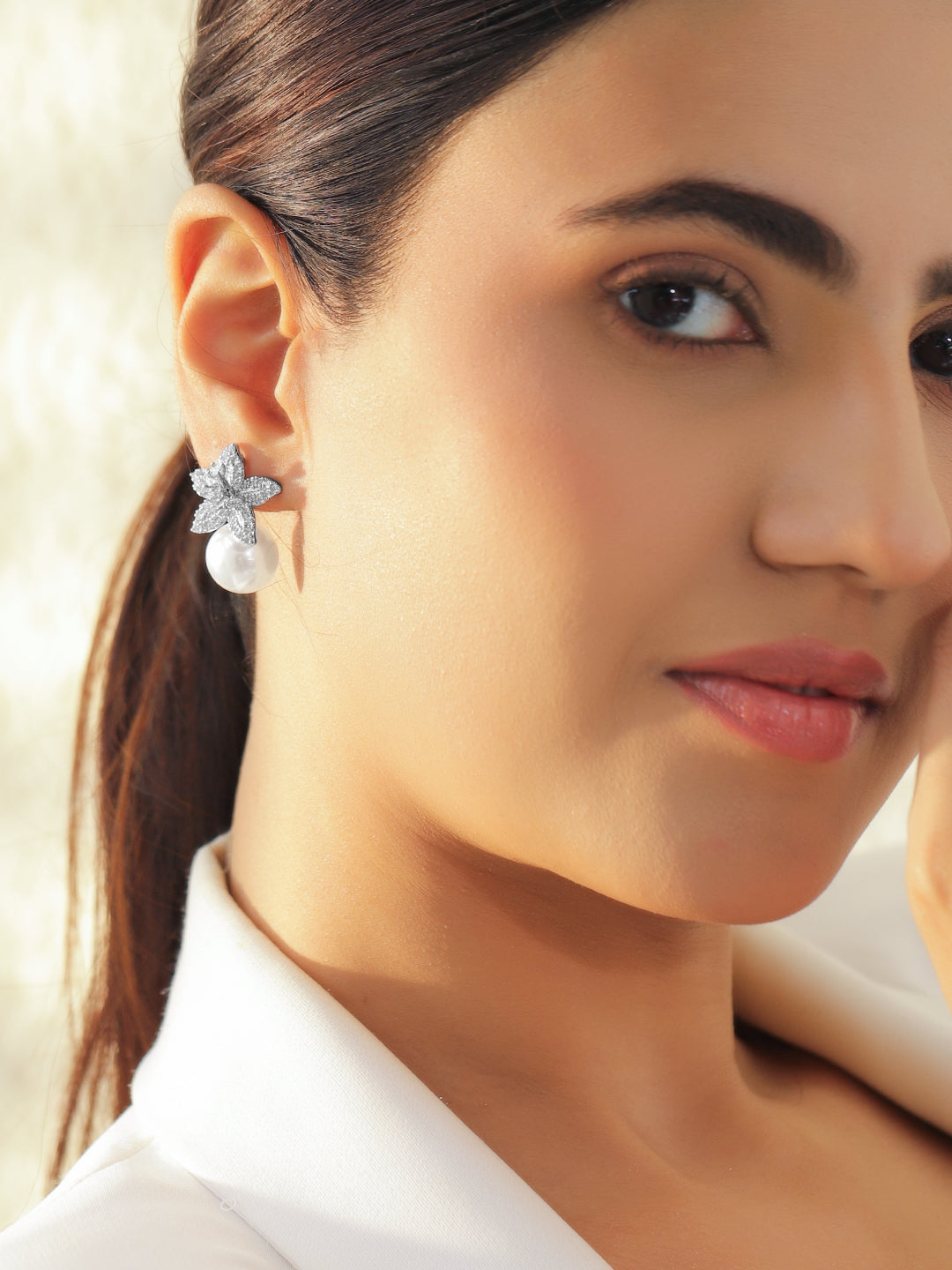 Floral Pearl Drop Stud Earrings
