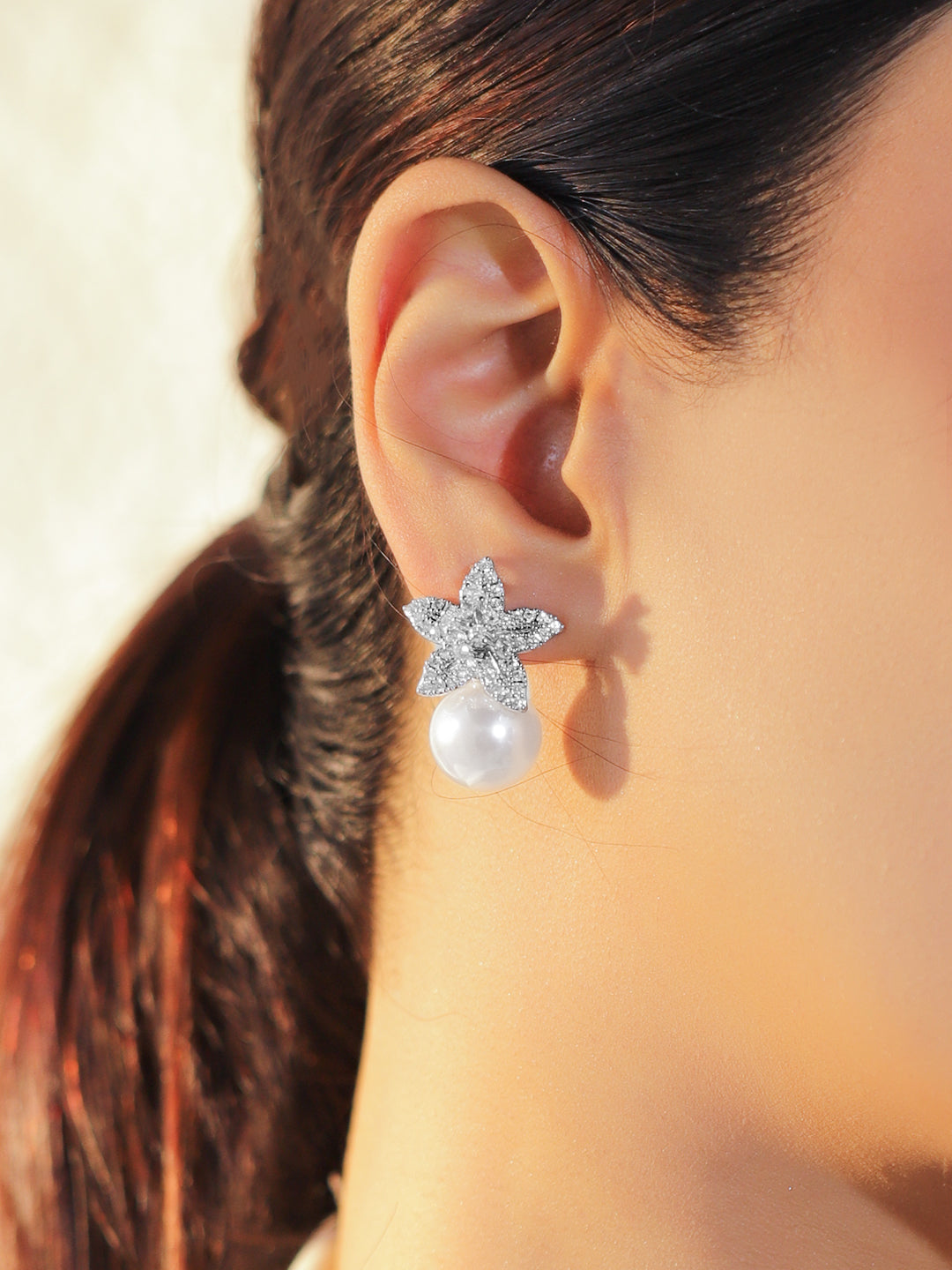 Floral Pearl Drop Stud Earrings