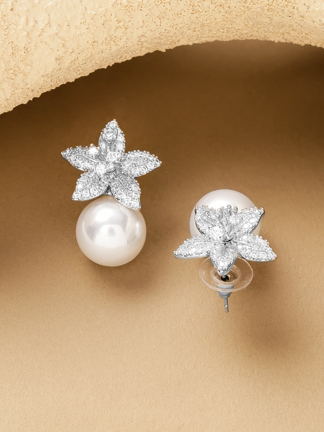 Floral Pearl Drop Stud Earrings