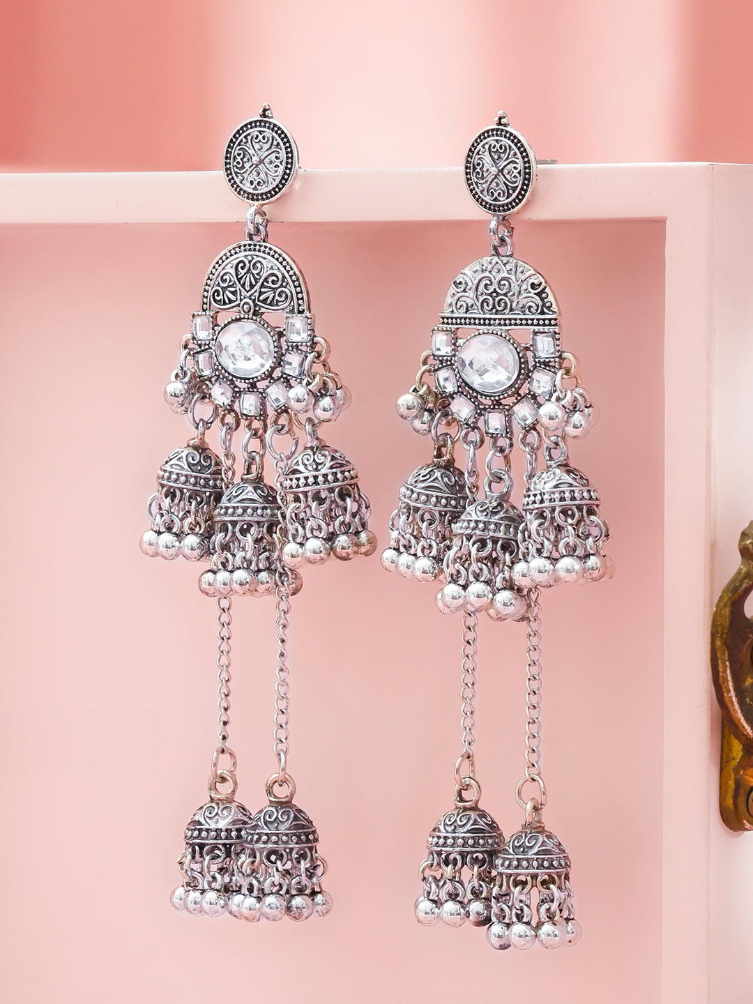 Oxidised Wedding Ghungroo Long Jhumka Earrings