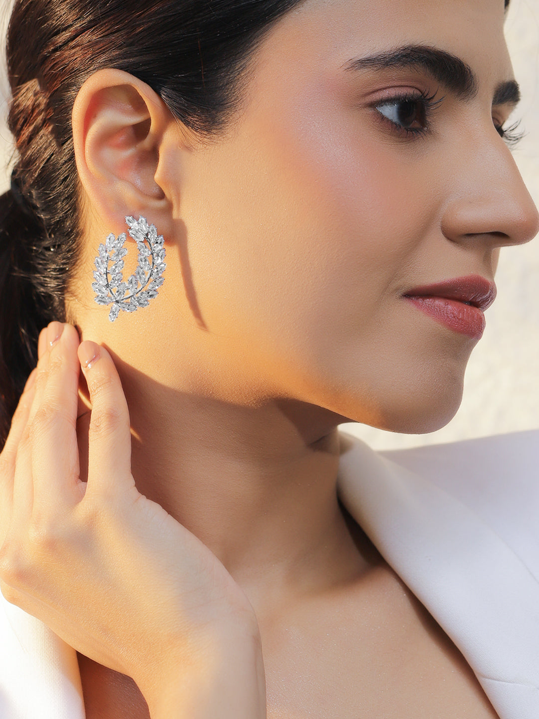 Rhodium Plated Studded Leaf Earrings