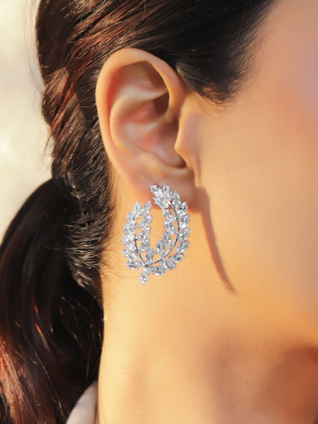 Rhodium Plated Studded Leaf Earrings
