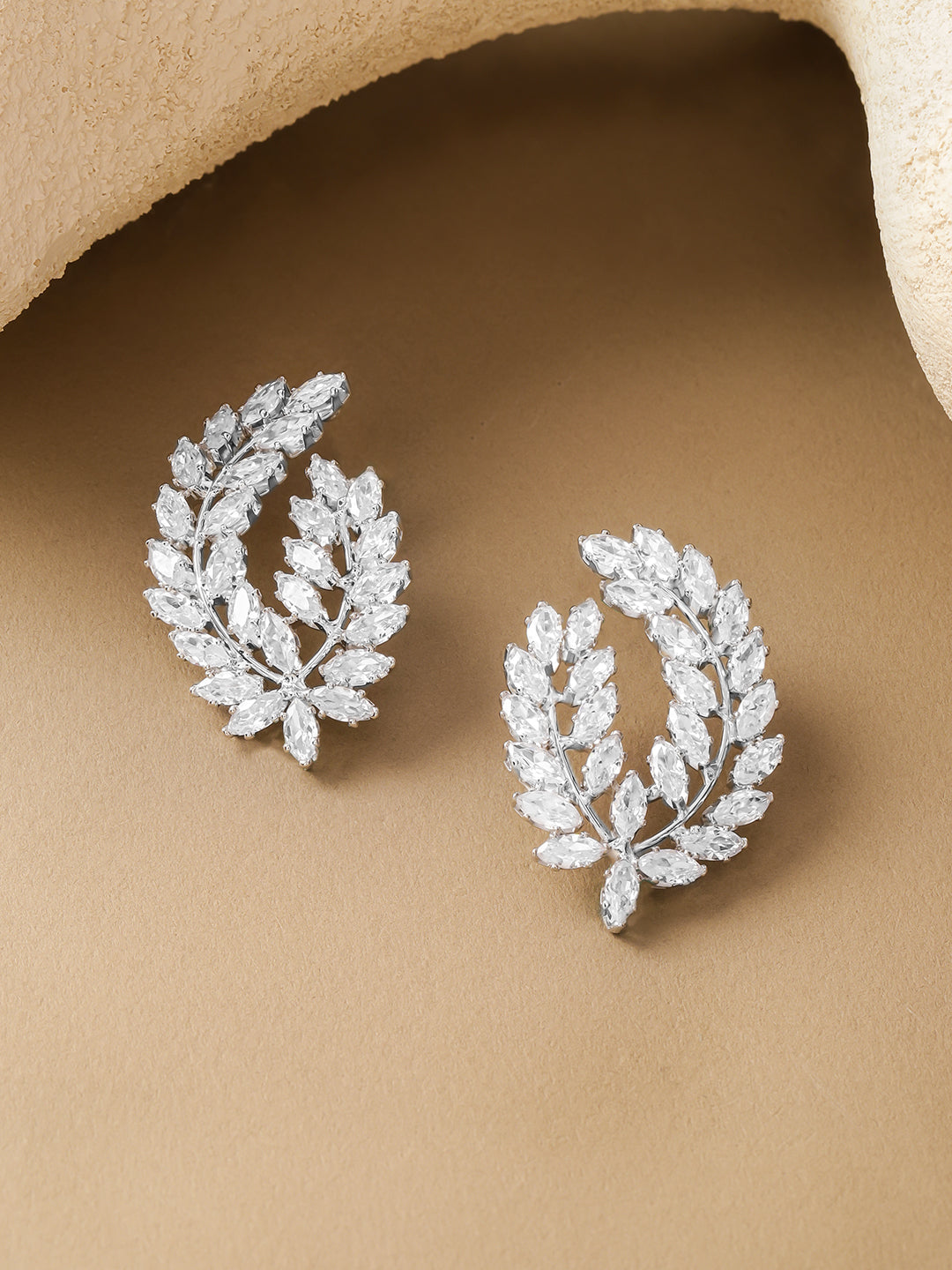 Rhodium Plated Studded Leaf Earrings