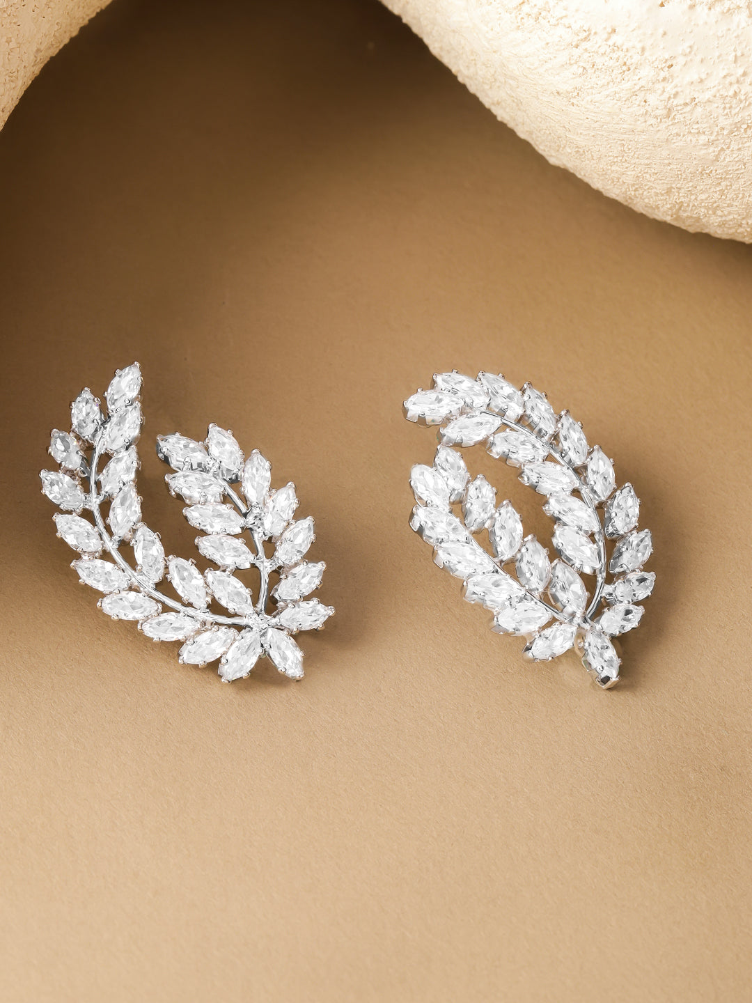 Rhodium Plated Studded Leaf Earrings