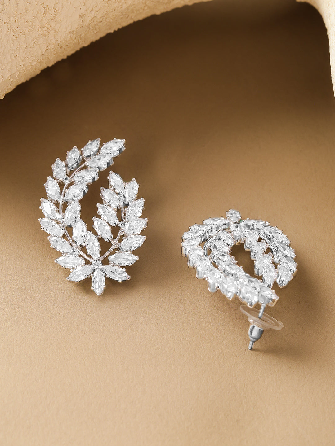 Rhodium Plated Studded Leaf Earrings
