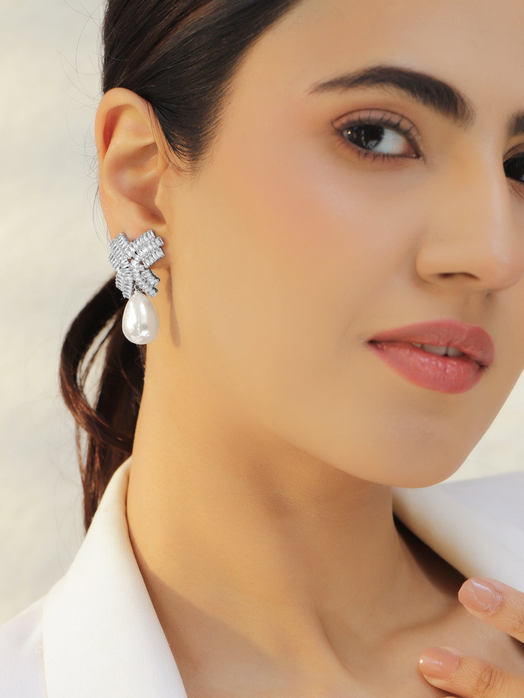 Rhodium Crystal Studded Pearl Drop Earrings