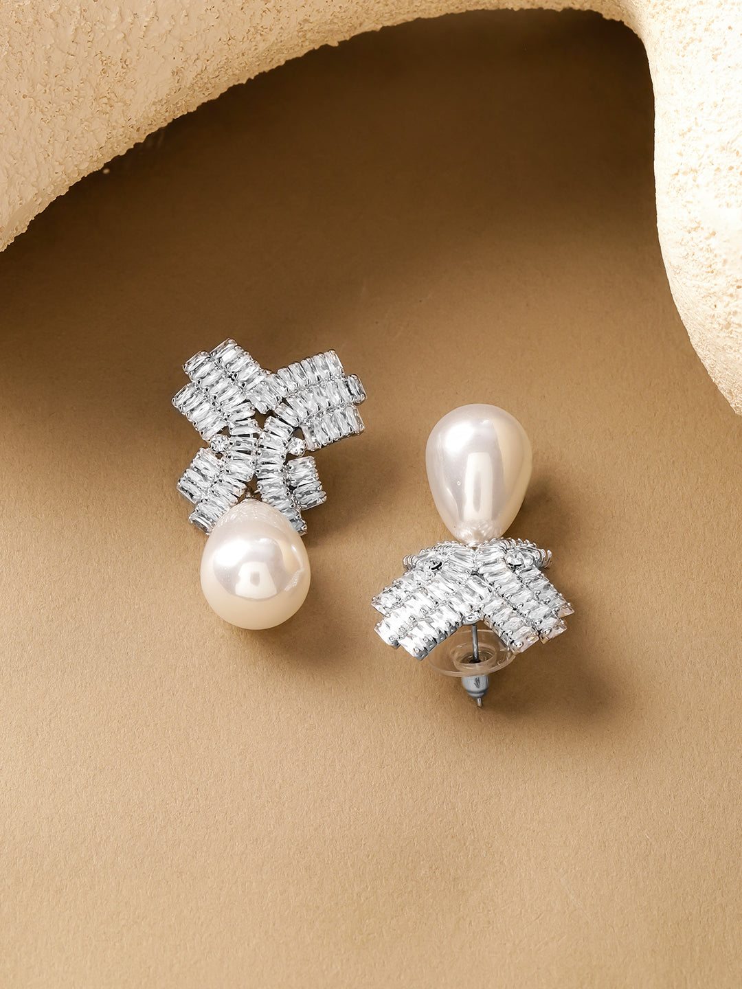 Rhodium Crystal Studded Pearl Drop Earrings