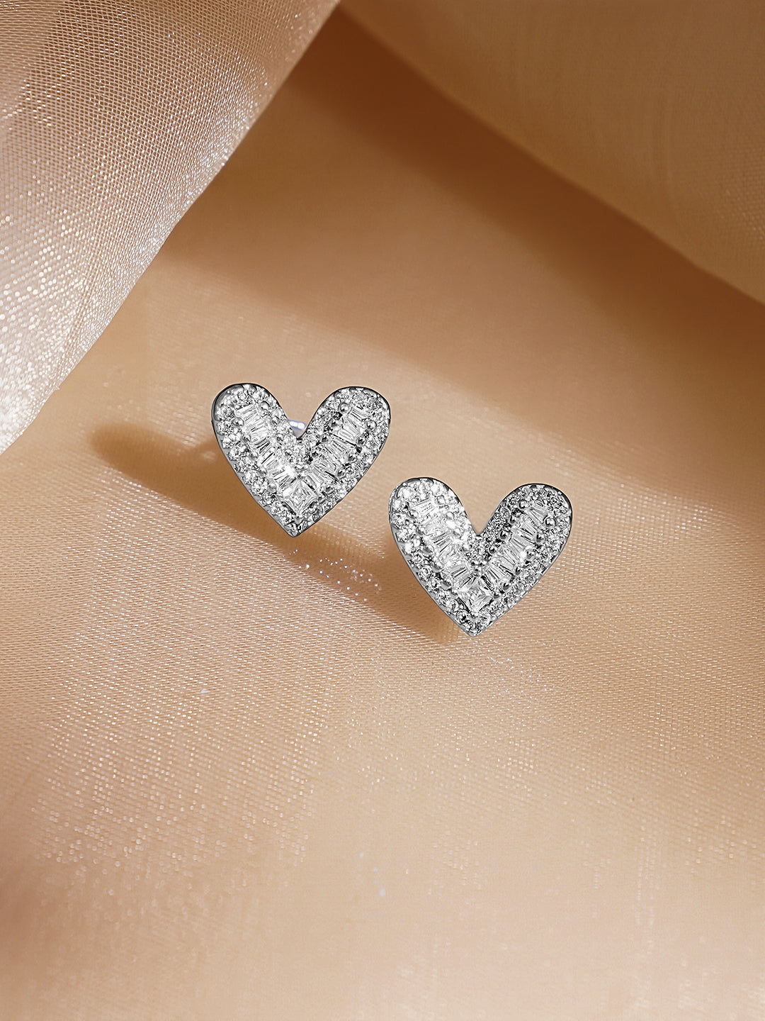 Rubans Rhodium Plated Heart-Shaped Sparkling Cubic Zirconia Stud Earrings