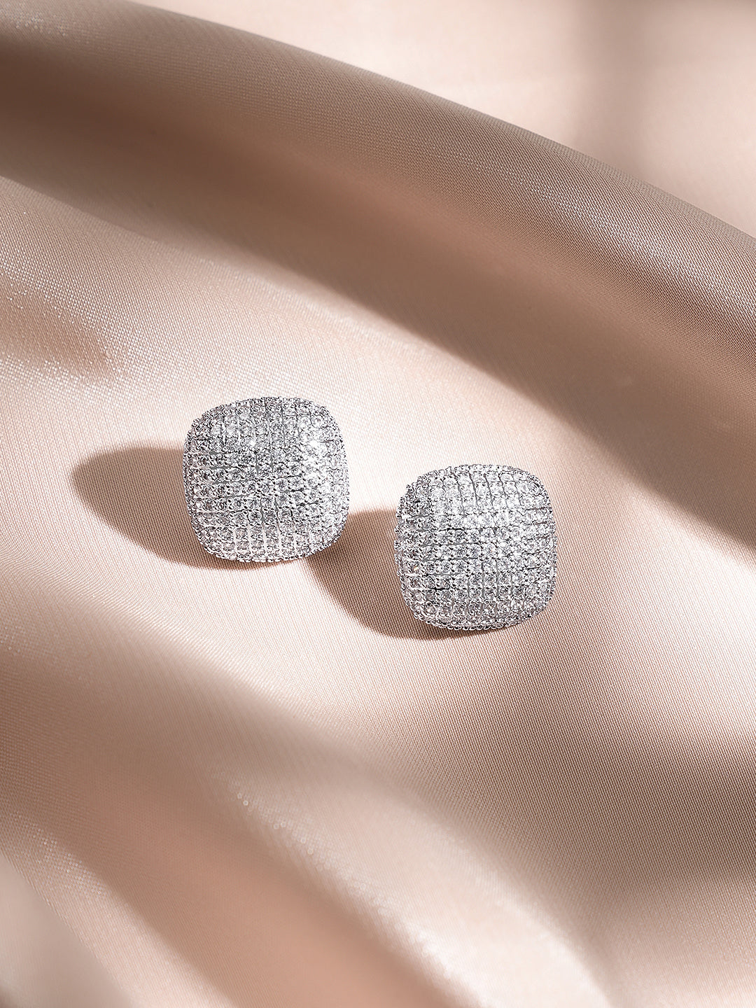 Rubans Rhodium-Plated Cushion Stud Earrings with Crystal Zirconia Detailing