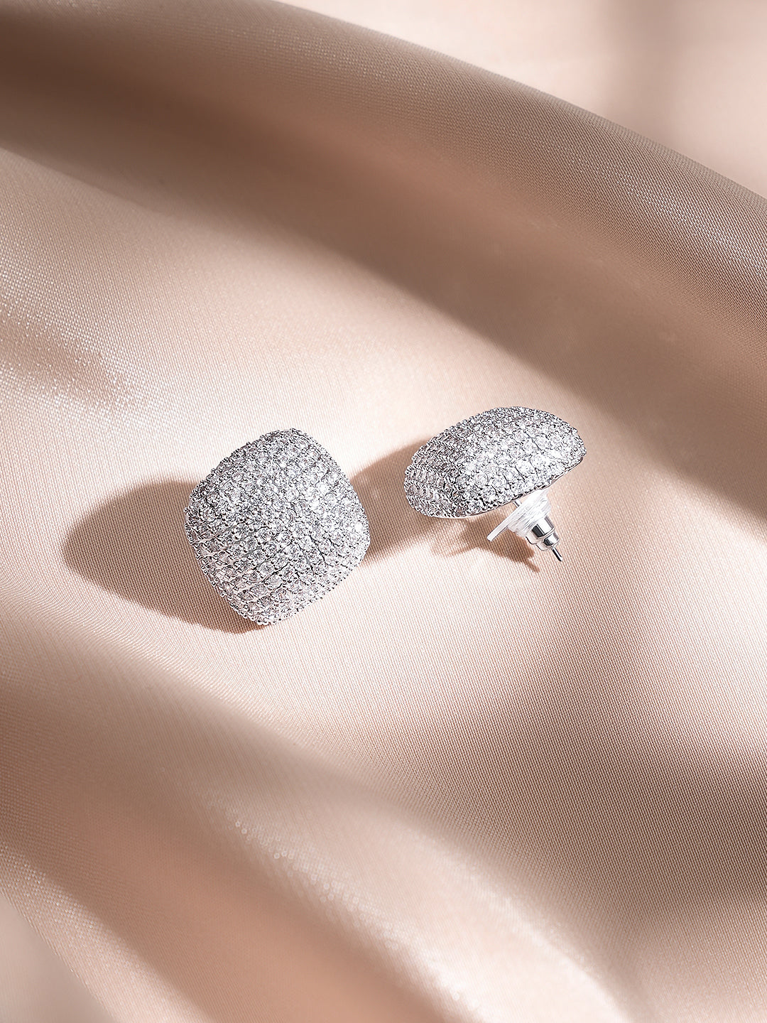 Rubans Rhodium-Plated Cushion Stud Earrings with Crystal Zirconia Detailing
