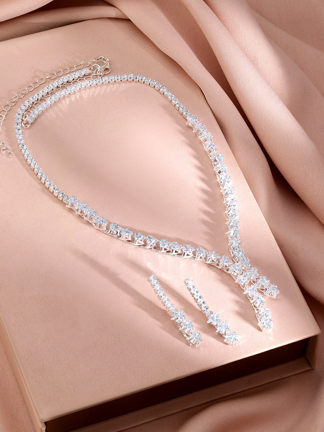 Crystal Studded Rhodium Necklace Set