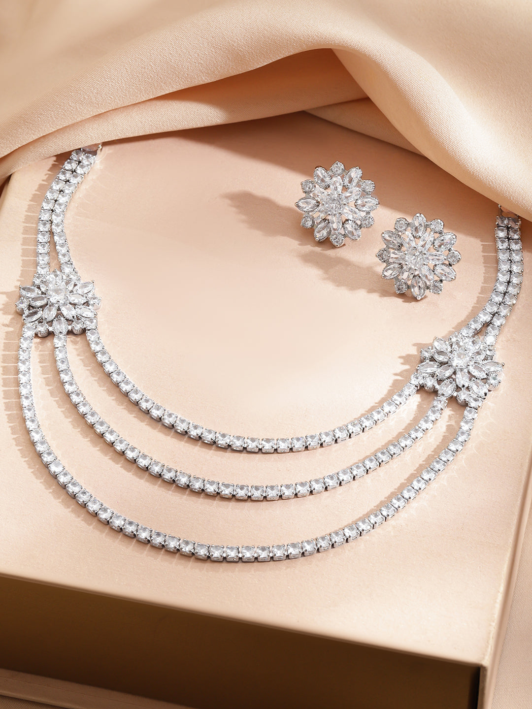 Layered American Diamond Zirconia Flower Studded Necklace Set