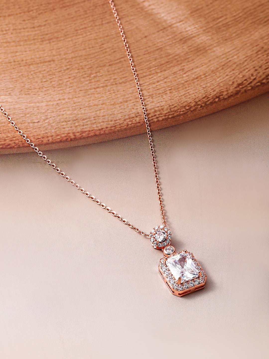 Voguish Rhodium Plated Sparkling AD & Cubic Zirconia Studded Rectangle Pendant Necklace