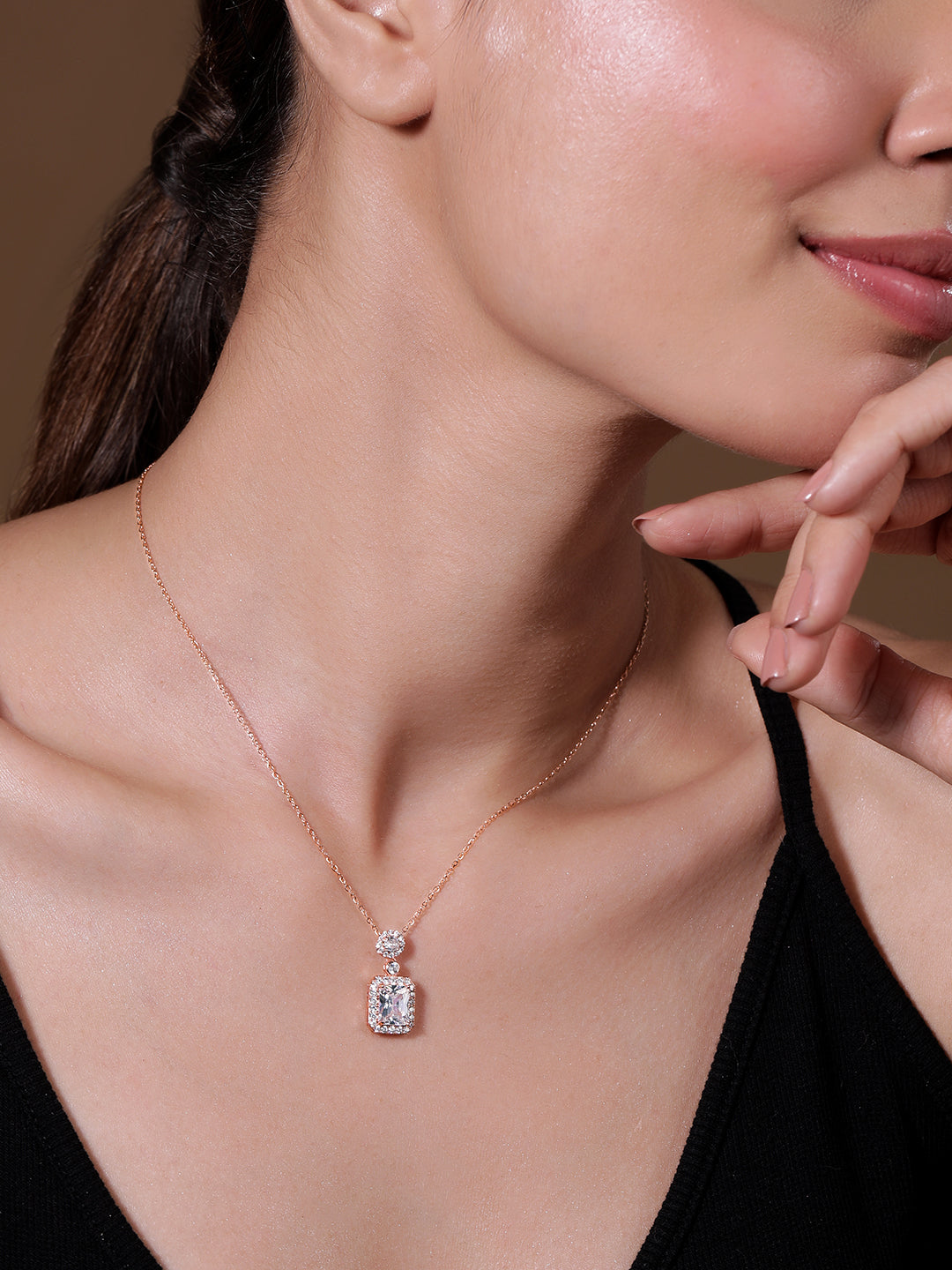Voguish Rhodium Plated Sparkling AD & Cubic Zirconia Studded Rectangle Pendant Necklace