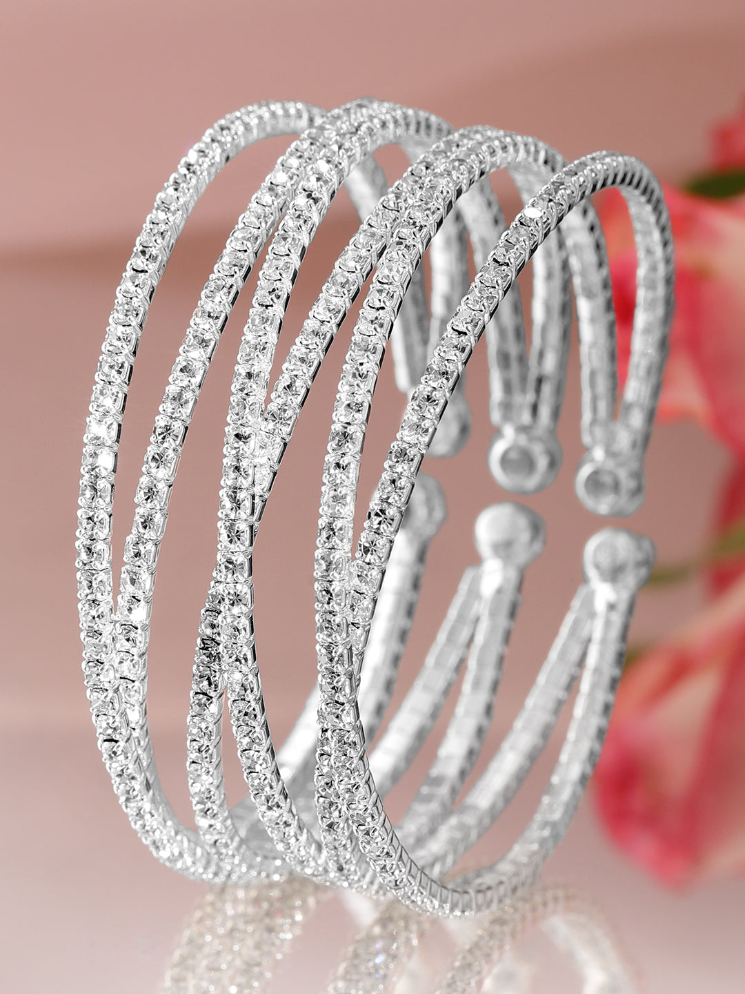 Rubans Rhodium-Plated Crystals Stone Studded Cuff Bracelet