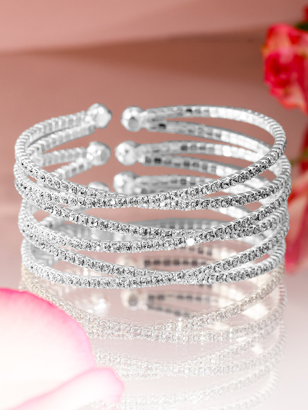 Rubans Rhodium-Plated Crystals Stone Studded Cuff Bracelet