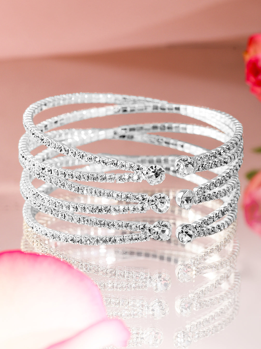 Rubans Rhodium-Plated Crystals Stone Studded Cuff Bracelet