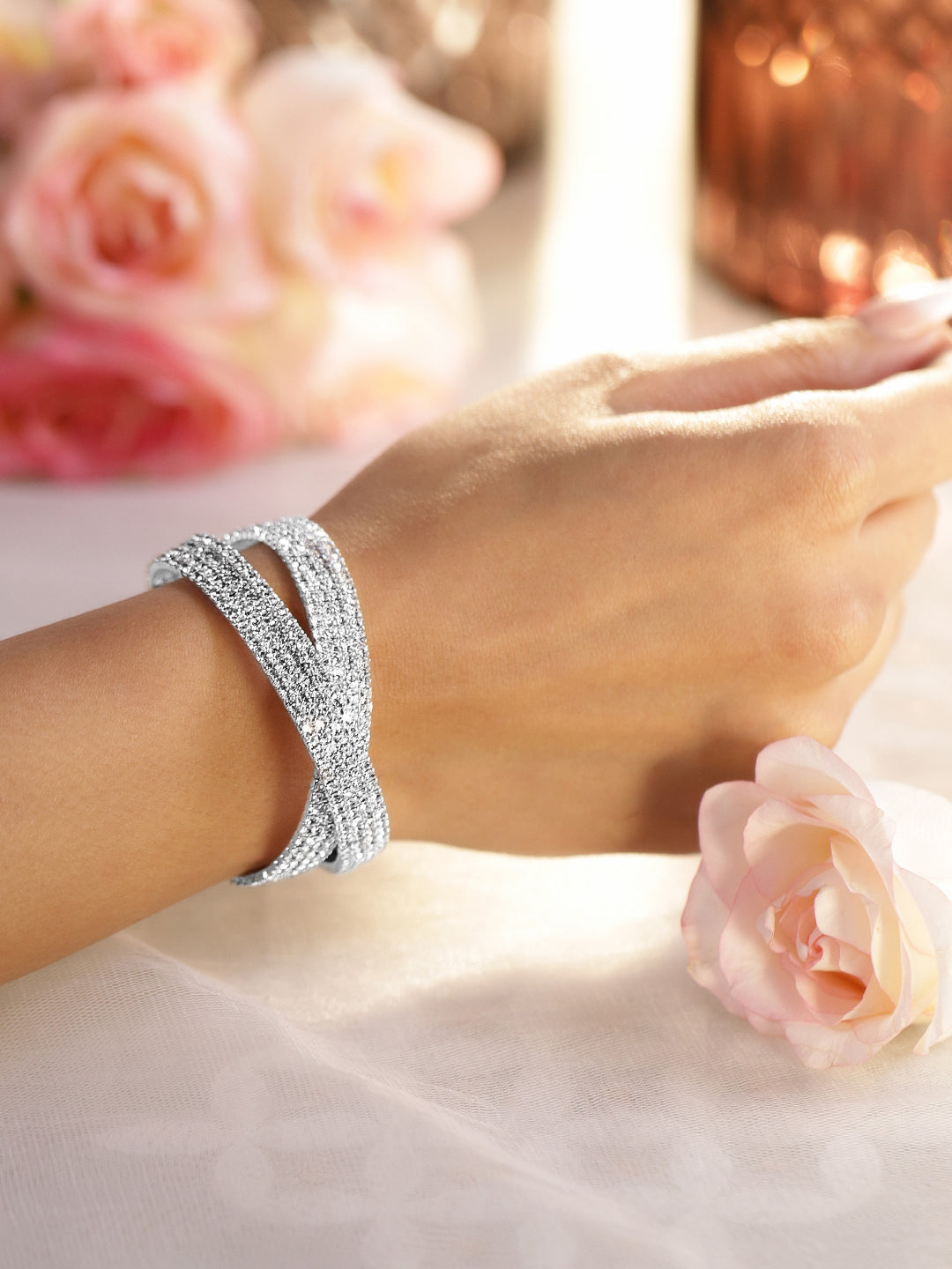 Rubans Rhodium-Plated Crystals Stone Studded Cuff Bracelet