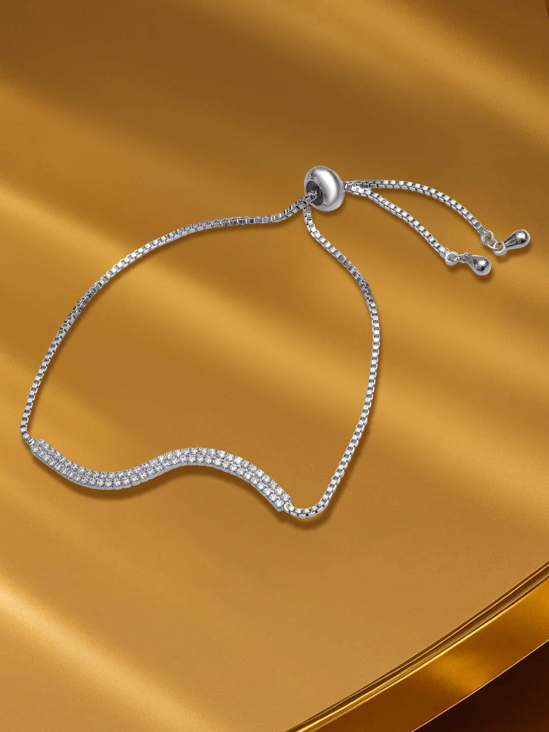 Adjustable American Diamond Zironica Studded Wave Bolo Chain Bracelet
