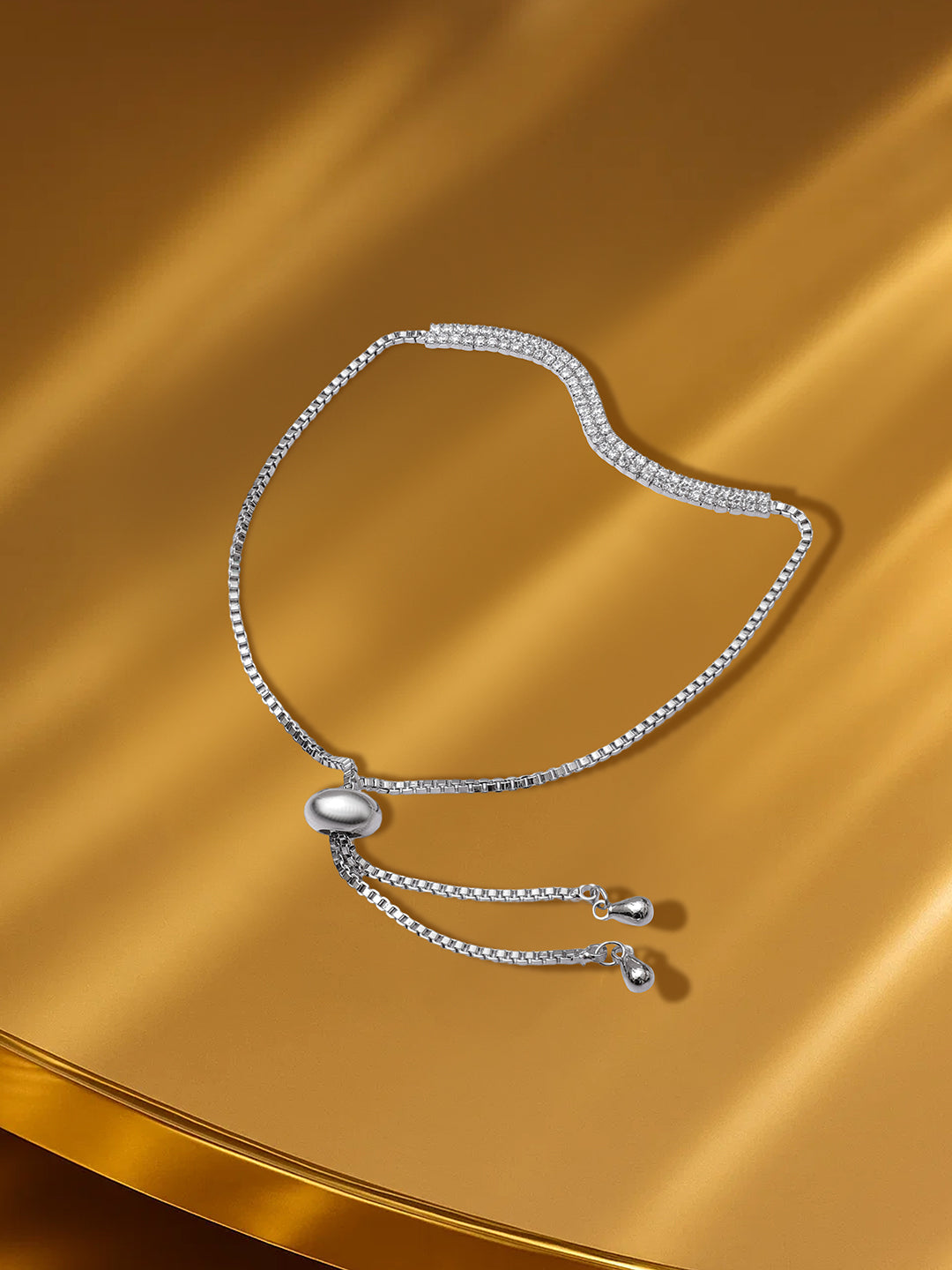 Adjustable American Diamond Zironica Studded Wave Bolo Chain Bracelet