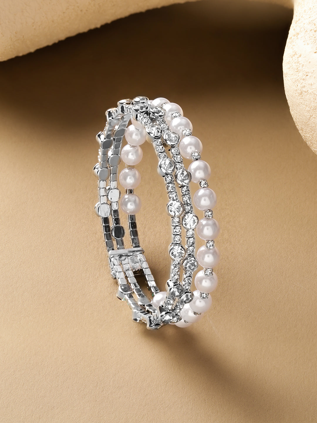 White Studded Pearl Embellished Golden Bracelet