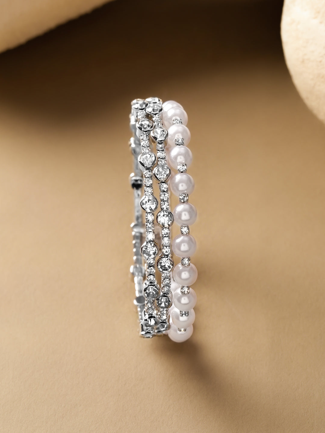 White Studded Pearl Embellished Golden Bracelet