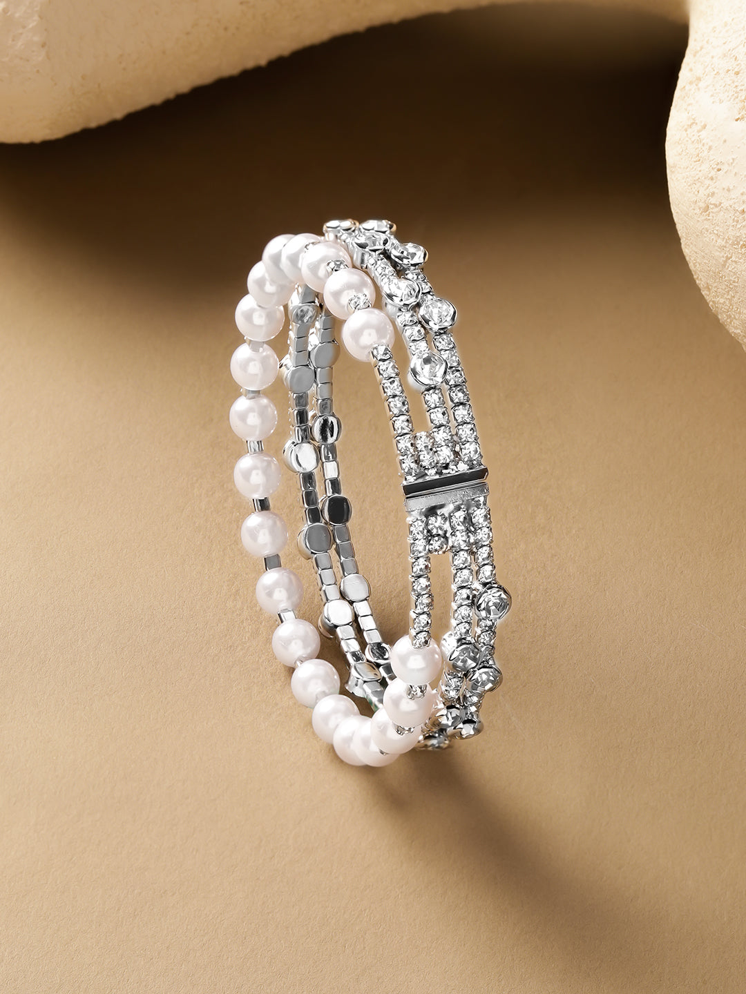 White Studded Pearl Embellished Golden Bracelet