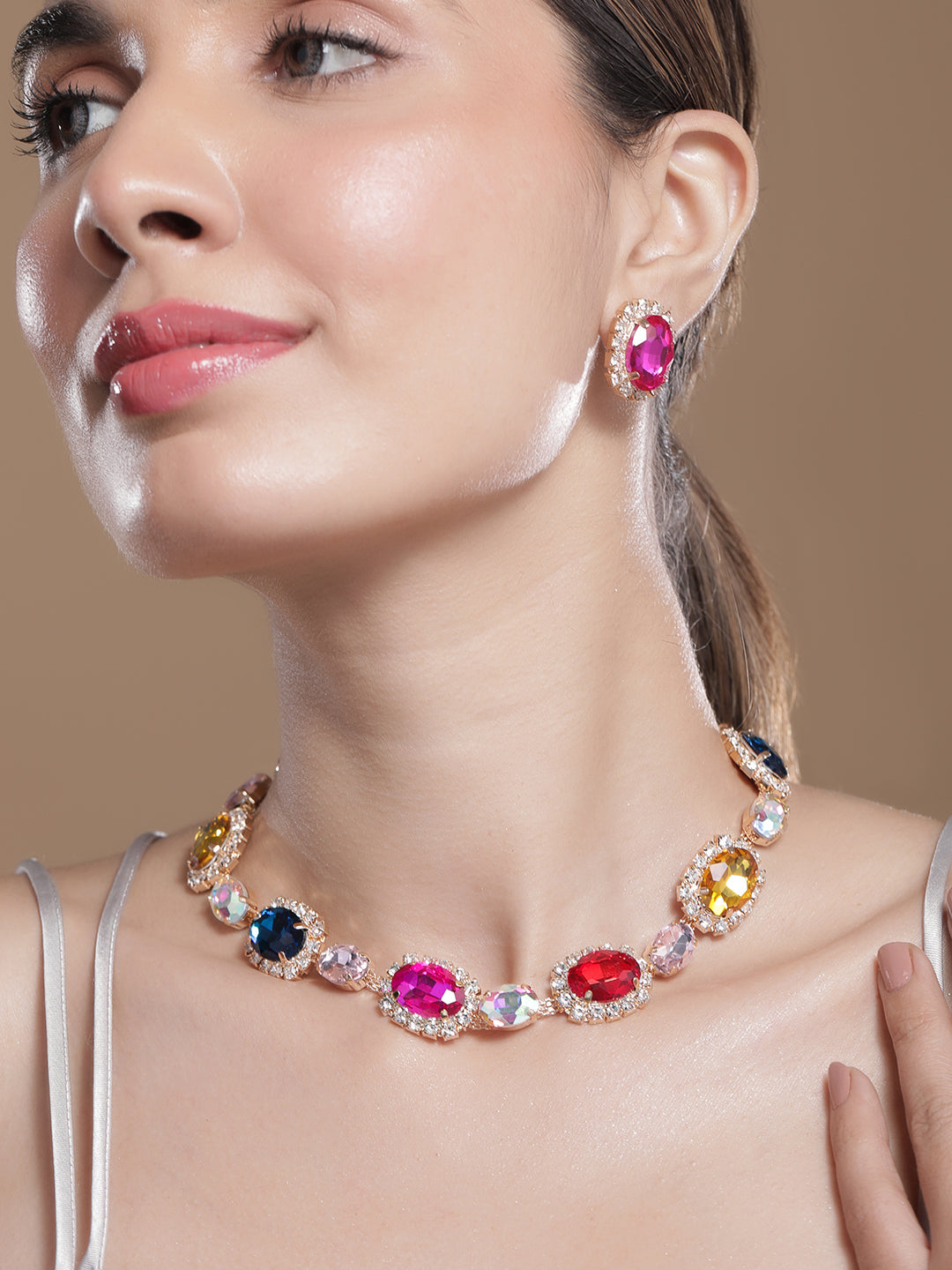 Multicolor American Diamond Zirconia Crystal Necklace Set