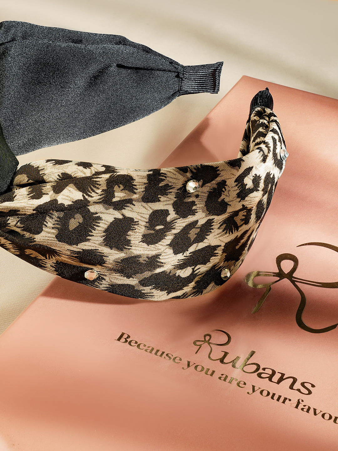 Rubans Brown & Leopard Print Twisted Headband with Embellished Crystal Detailing