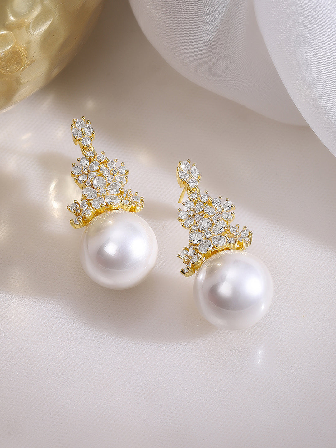 Gold Plated Floral Crystal Pearl Drop Earrings