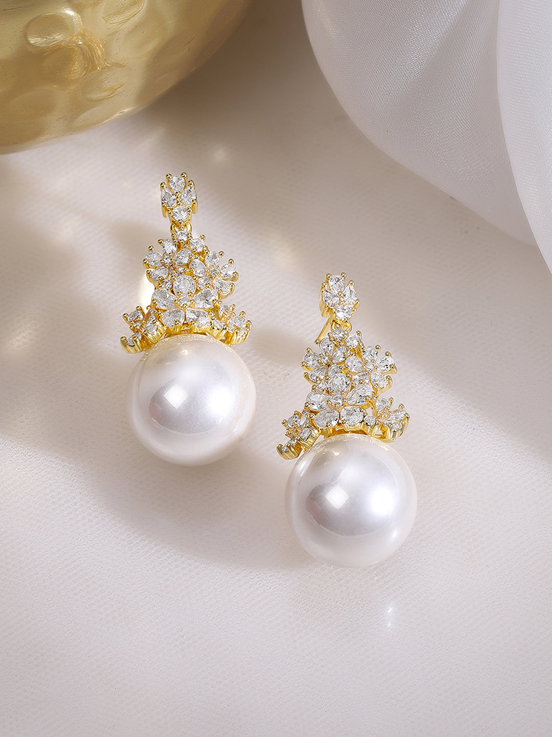 Gold Plated Floral Crystal Pearl Drop Earrings