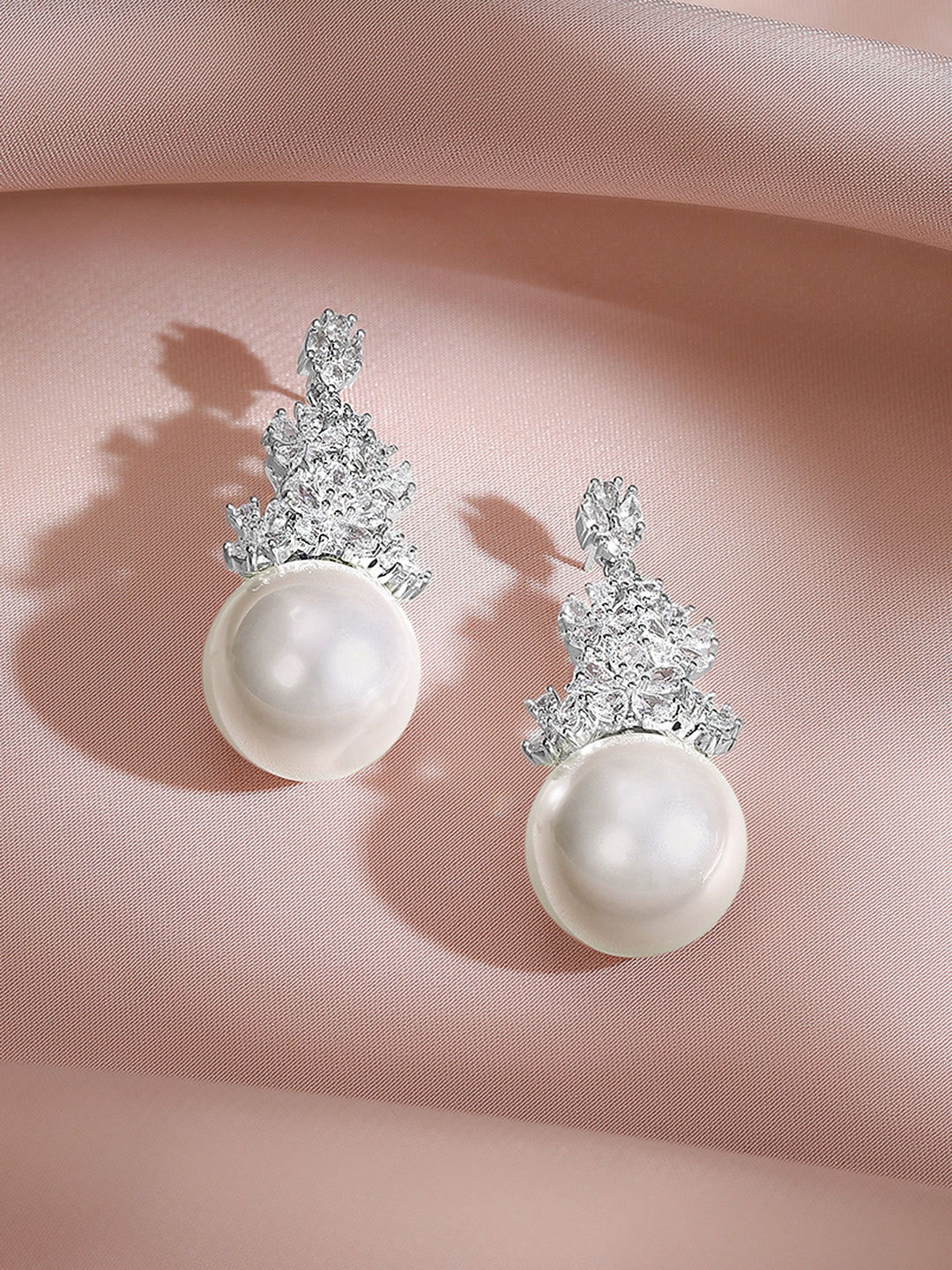 Rhodium Plated Floral Crystal Pearl Drop Earrings