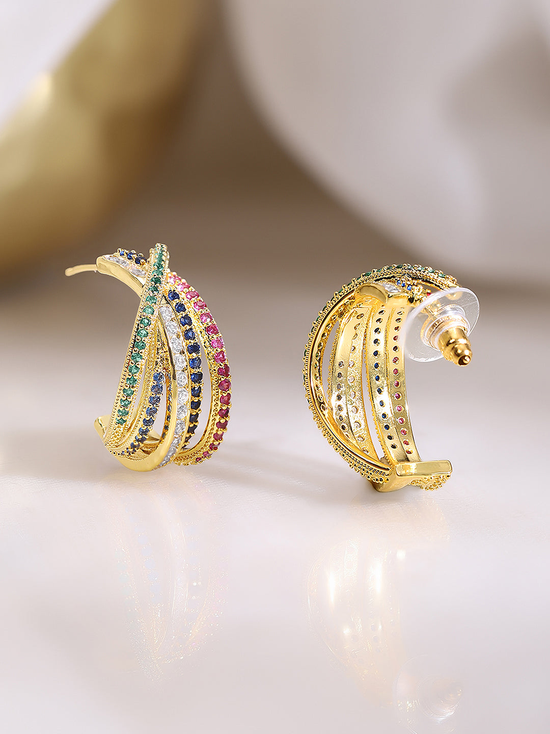 Gold Plated Zirconia Crossover Hoop Earrings